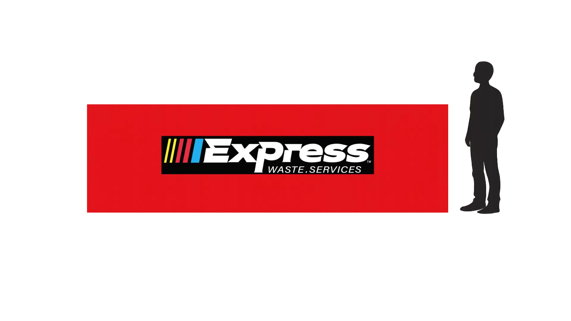 Large red Express Waste Services dumpster container with company logo and a human silhouette for scale, used for residential and commercial waste removal in Metro Detroit.