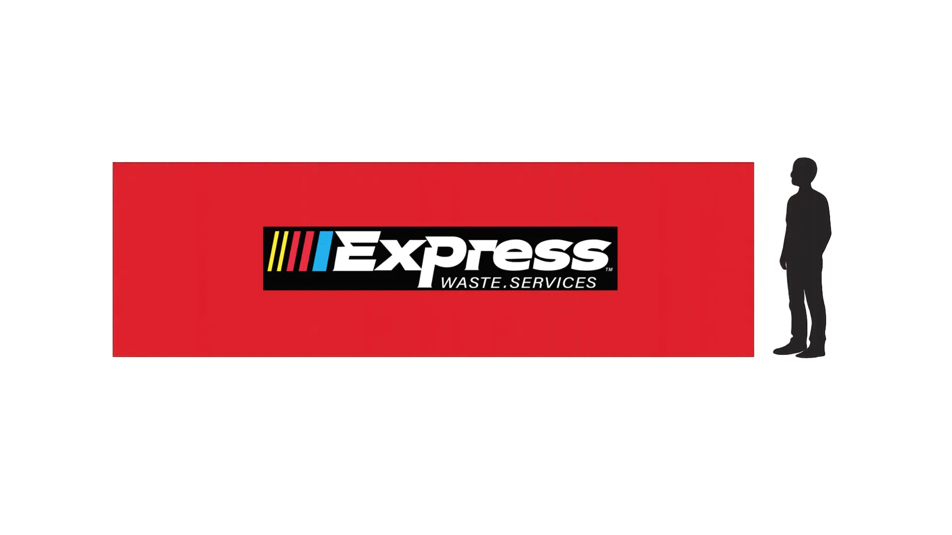 Large red Express Waste Services dumpster container with company logo and a human silhouette for scale, used for residential and commercial waste removal in Metro Detroit.