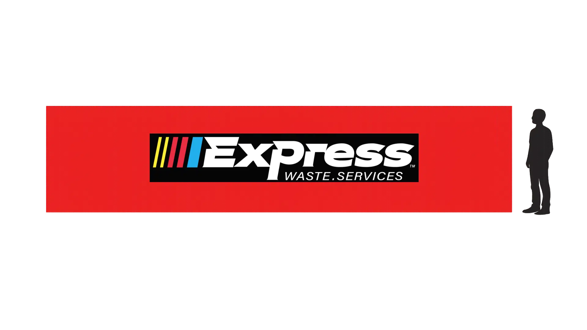 Large red Express Waste Services dumpster container with company logo and a human silhouette for scale, used for residential and commercial waste removal in Metro Detroit.