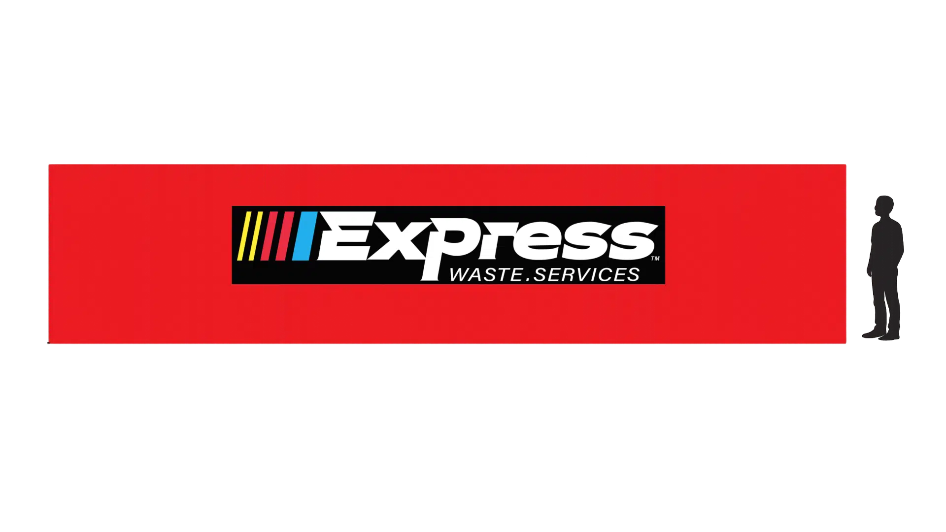 Large red Express Waste Services dumpster container with company logo and a human silhouette for scale, used for residential and commercial waste removal in Metro Detroit.