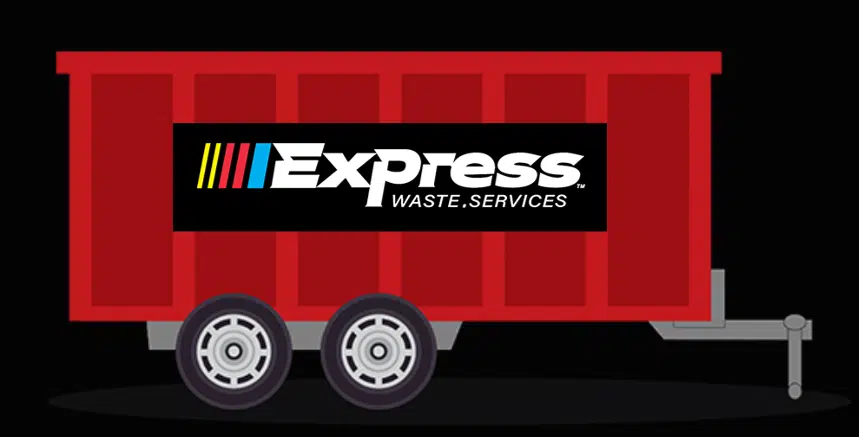 Red Express Waste Services dumpster trailer with company logo, dual wheels, and tow hitch, used for residential and commercial waste removal in Metro Detroit.